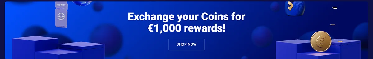 Casino promotional banner encouraging players to exchange their coins for €1,000 in rewards, featuring a blue abstract background with floating coins and a “Shop now” call-to-action button.