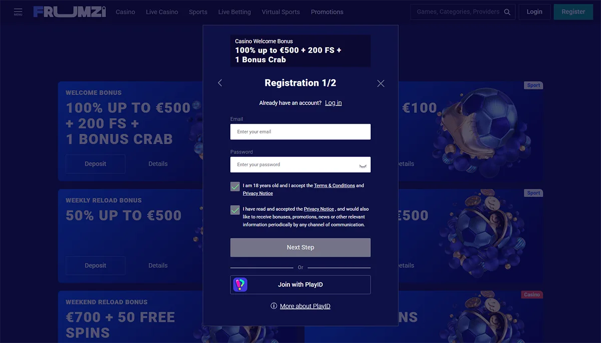 Frumzi casino registration popup showing step 1 of 2 sign-up with a welcome bonus of 100% up to €500 plus 200 free spins and one Bonus Crab, including email and password fields, age and privacy consent checkboxes, a “Next step” button, and an option to join with PlayID on a blue casino interface.
